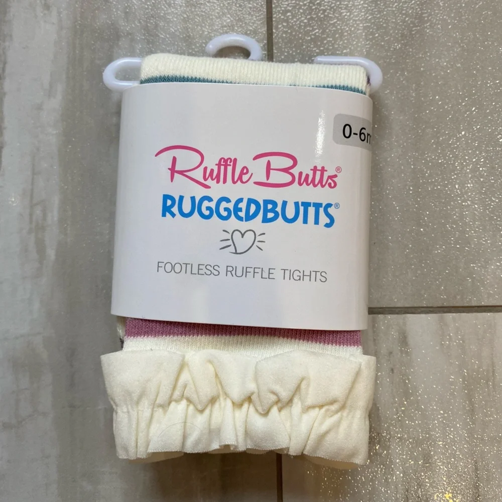 NWT RuffleButts Neutral Mellow Rainbow Stripe Footless Ruffle Tights, 0-6M